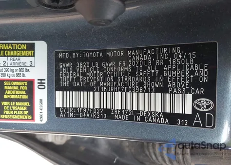 2015 Toyota Corolla S Plus from USA, damaged, VIN 2T1BURHE7FC398713